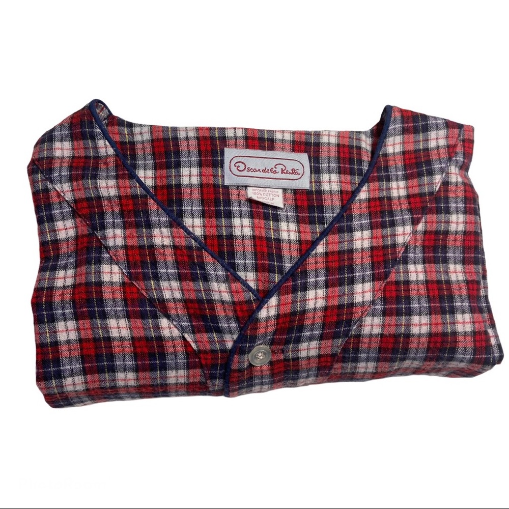 Vintage Oscar de la Renta Flannel Nightgown Red White & Blue Plaid Size …